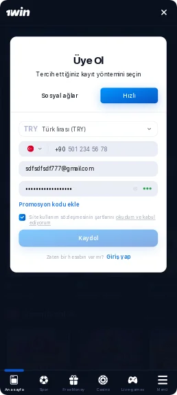 1Win uygulamasındaki kayıt formunun ekran görüntüsü