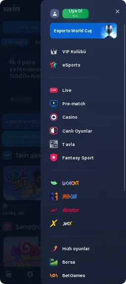 1Win uygulamasındaki menü bölümünün ekran görüntüsü