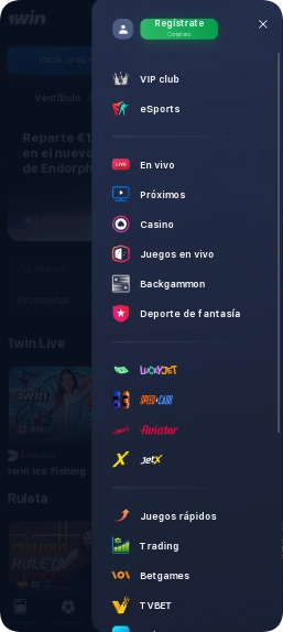 Menú de la aplicación oficial 1Win