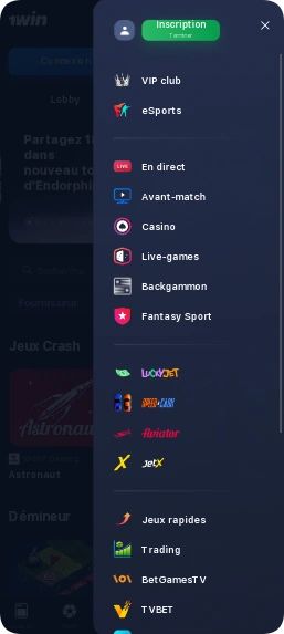 Menu de l'application 1Win